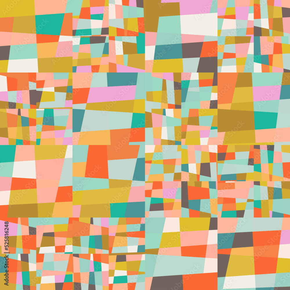 Poster Abstract geometric vector background with random pattern of simple shapes like rectangle, square, triangle and polygon. Pastel colored retro style colorful mosaic.