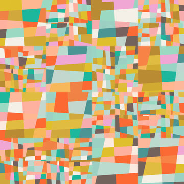 Abstract geometric vector background with random pattern of simple shapes like rectangle, square, triangle and polygon. Pastel colored retro style colorful mosaic.