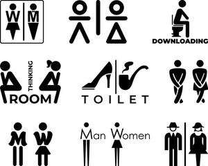 Set of funny WC sign Icon on the white background. Vector man & woman icons. Funny toilet symbol
