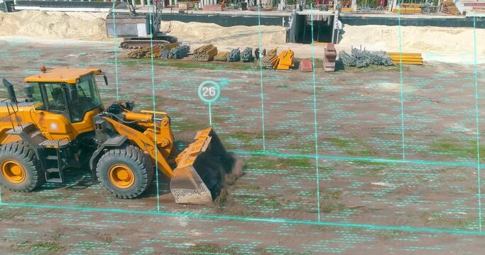 Visualization of assistive technologies in construction equipment. The bulldozer is scanning the area around it. Modern bulldozer view from drone