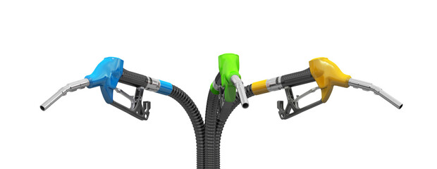 Three multi-colored filling guns (gasoline gun or oil dispenser). 3d illustration. Isolated on white background.
