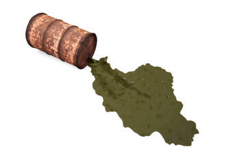 Oil spills from a rusty barrel and forms the shape of the country of Iran. 3d illustration on the theme of oil and pollution. Isolated on white background.