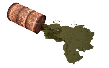 Oil spills from a rusty barrel and forms the shape of the country of Venezuela. 3d illustration on the theme of oil and pollution. Isolated on white background.