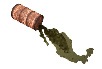 Oil spills from a rusty barrel and forms the shape of the country Mexica. 3d illustration on the theme of oil and pollution. Isolated on white background.