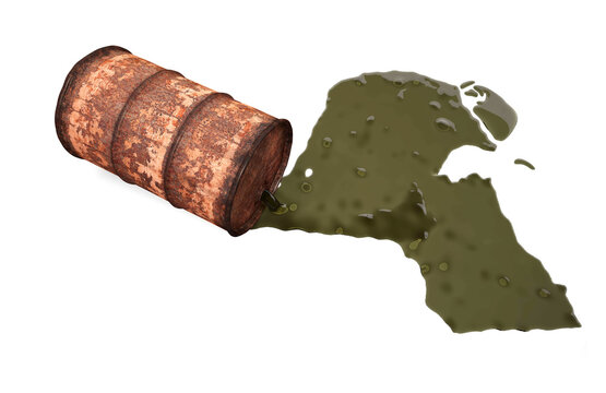 Oil spills from a rusty barrel and forms the shape of the country Kuwait. 3d illustration on the theme of oil and pollution. Isolated on white background.