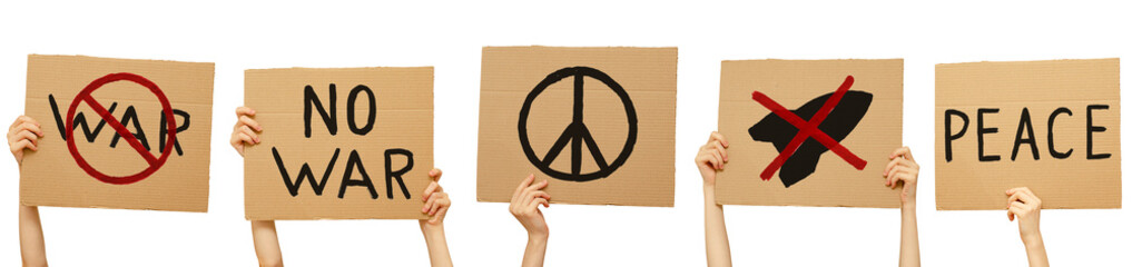 Posters against the war made of cardboard in hand. Isolated on a white background. Set
