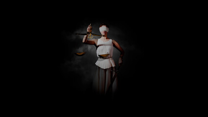 Themis, the goddess of justice blindfolded, with scales and a sword in her hands. A fair trial. An ancient myth, a silhouette in the twilight