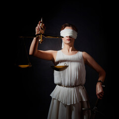 Themis, the goddess of justice blindfolded, with scales and a sword in her hands. A fair trial. Antique goddess, photo on a black background - 525819090