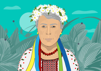 A waist-length grandmother in a national Ukrainian embroidered shirt and with a wreath of daisies. Vector illustration, isolated