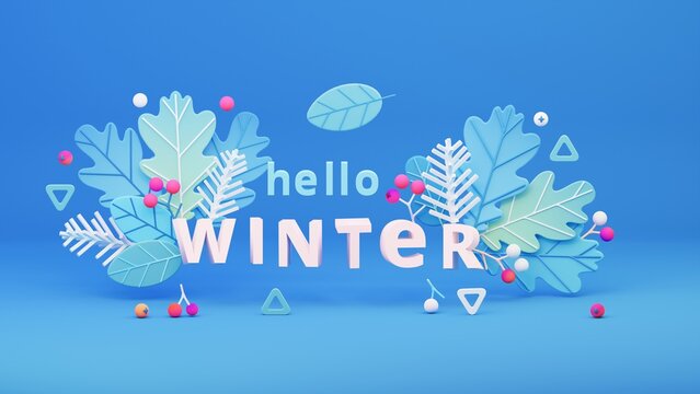 3d Render of Winter Card. Hello Winter Card Design with Leaves and Berries
