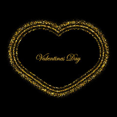 Golden frame in the form of a heart made of small dust particles on a black background, design element, valentine s day poster design element