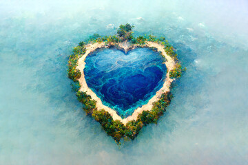 Islet-heart in the blue sea. Small island in the shape of a heart. Love for travel and adventure. Romantic valentine's day gift