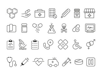 
Set of Medical and Health Line Icons. Black on white background