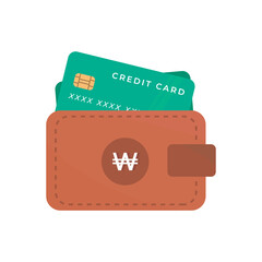 Wallet Icon South Korean Won coin isolated on white background. South Korea money. Vector Won icon wallet with cards
