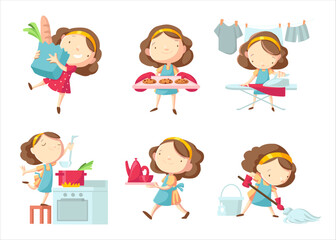 Set of affairs woman housewife. Woman irons, cleans, cooks, buys products, bake, carries tea. Vector illustration in a flat style
