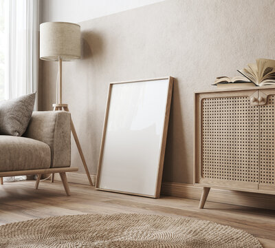 Mockup frame in boho living room interior, 3d render