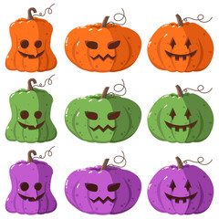 Halloween pumpkins with creepy faces. Autumn holiday. Orange, green and purple. Vector graphic.