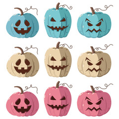Halloween pumpkins with creepy faces. Autumn holiday. Blue, beige and pink. Vector graphic.