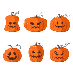 Halloween pumpkins with creepy faces. Autumn holiday. Vector graphic.