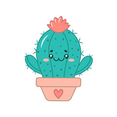 Vector small cactus with a kawaii-style face. A cheerful cactus in a flower pot