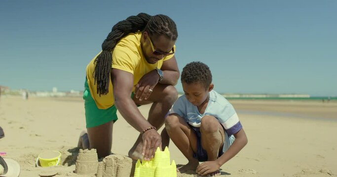 WS Father and son (8-9) building sand castles on beach