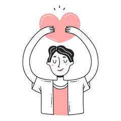 Portrait of a girl with a short haircut holding a heart in her hands in a simple linear doodle style. Isolated illustration.