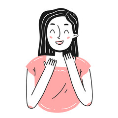 Portrait of a young joyful girl in a simple linear doodle style. Isolated illustration.