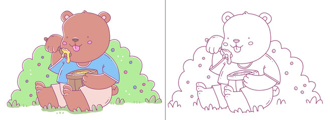 A children's coloring book with a bear eating honey sitting on the grass. Cute coloring page with an animal with an example for coloring. Linear black and white illustration.