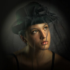 Beautiful girl behind of transparent veil