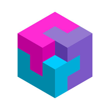 Colorful 3D cube made of three elements. Geometric shape with one empty room. Architecture, construction, interior design template. Puzzle game pieces. Isometric. Vector illustration, clip art. 
