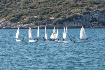 Young optimist racers drilling on Aegean Coast of Turkey.