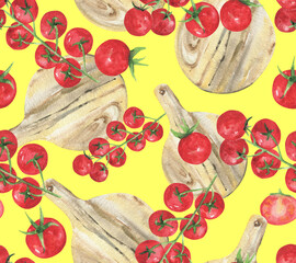 Seamless pattern with tomatoes and a wooden cutting board. Bright background for kitchen, wallpaper, textiles and office. Watercolor drawing of red juicy cherries.