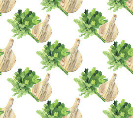 Punch. Seamless pattern with a fresh bunch of green seasoning and wooden cutting boards. Bright background for kitchen, wallpaper and textiles. Watercolor drawing of juicy vegetables.