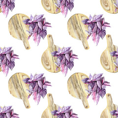 Purple basil. Seamless pattern with a fresh bunch of seasoning and wooden cutting boards. Bright background for kitchen, wallpaper and textiles. Watercolor drawing.