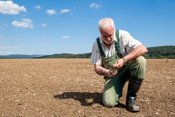 An old, experienced farmer kneels in his freshly sown field and anxiously examines the parched...