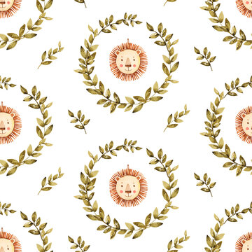 Seamless Cute Baby Pattern Wreath with Lion Cub baby stroller, bunny and greenery