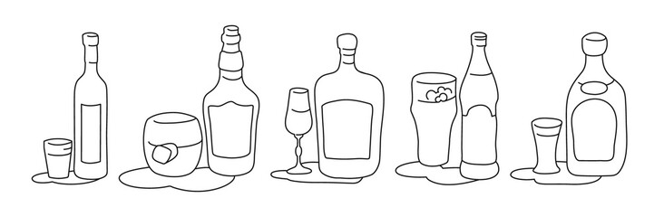 Vodka whiskey liquor beer tequila bottle and glass outline icon on white background. Black white cartoon sketch graphic design. Doodle style. Hand drawn image. Party drinks concept. Freehand drawing