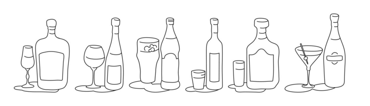 Liquor wine beer vodka rum martini bottle and glass outline icon on white background. Black white cartoon sketch graphic design. Doodle style. Hand drawn image. Party drinks concept. Freehand drawing