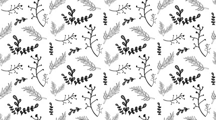 Black and White pattern with wild herbs and leaves. Hand drawn seamless pattern for design