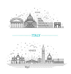 Fototapeta premium Rome, Venice. Tourist attractions of Italy. Historic buildings from the streets of Italy, outline.
