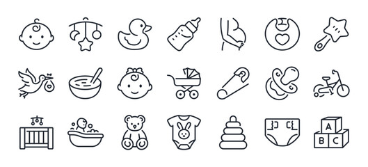 Baby care editable stroke outline icons set isolated on white background flat vector illustration. Pixel perfect. 64 x 64. - obrazy, fototapety, plakaty