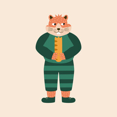 Cute hamster in green pajamas with white bread hand drawn vector illustration. Funny isolated animal character in flat style for kids alphabet. The letter 