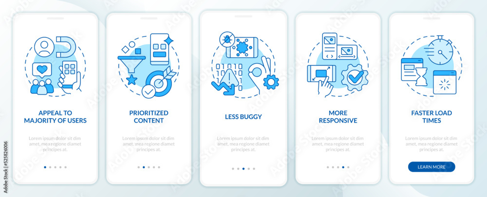 Wall mural advantages of mobile first design blue onboarding mobile app screen. walkthrough 5 steps editable gr