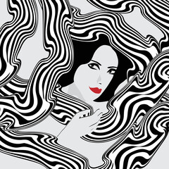 The face of a pretty woman is surrounded by striped wavy shapes.
