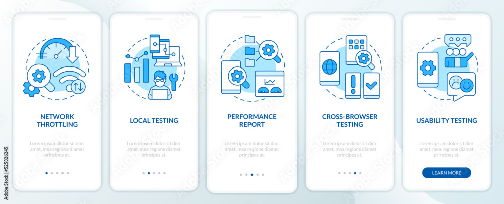 Poster mobile first design testing blue onboarding mobile app screen. walkthrough 5 steps editable graphic 