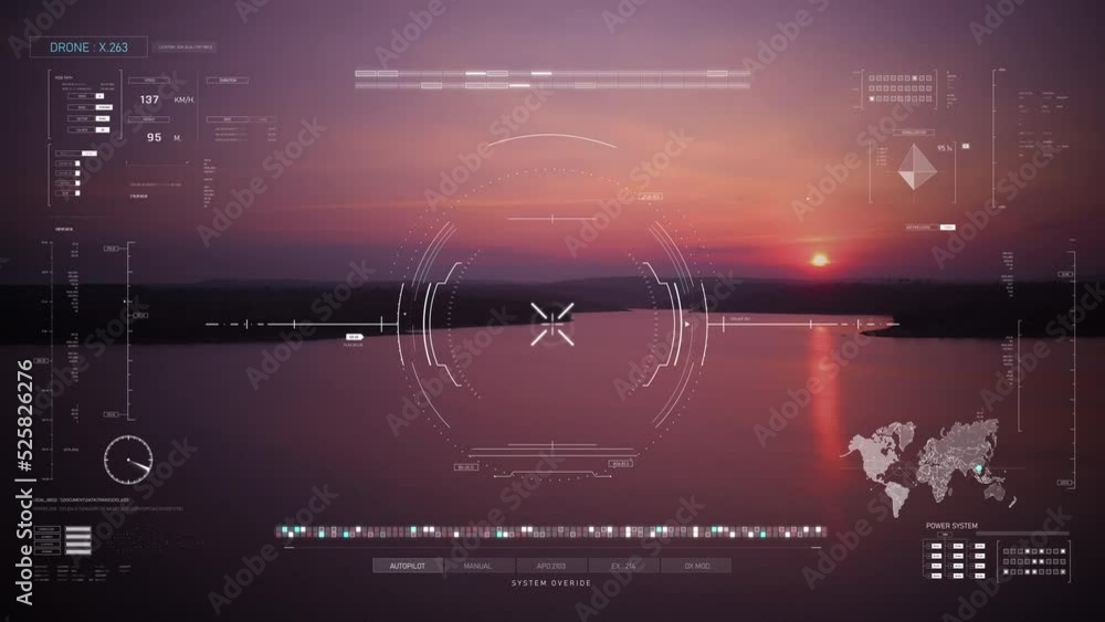 Poster erial view drone shot with head up display interface hud, cyber futuristic and technology concept, d