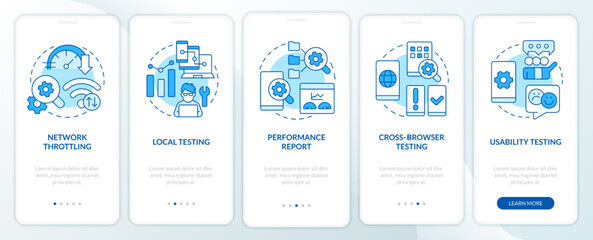 Mobile first design testing blue onboarding mobile app screen. Walkthrough 5 steps editable graphic instructions with linear concepts. UI, UX, GUI template. Myriad Pro-Bold, Regular fonts used