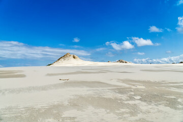 Lacka dune in Slowinski National Park in Poland, a miracle of nature. Traveling dune in sunny summer day. Sandy beach and blue sky with white clouds.