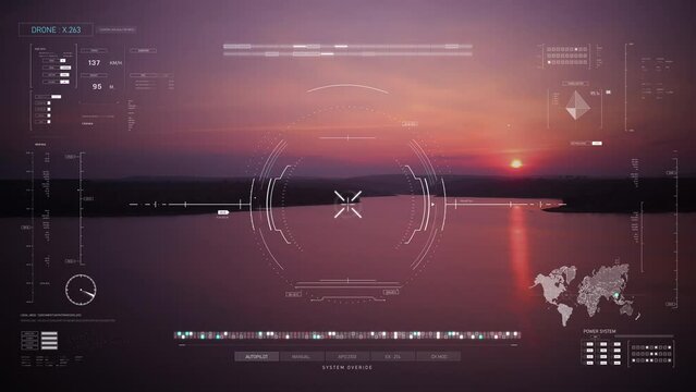 erial view drone shot with head up display interface HUD, Cyber futuristic and technology concept, dot and grain background processes