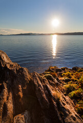 Baikal Lake at dawn. Beautiful summer landscape with wildflowers and herbs on a rocky shore in the early sunny morning. Summer travel and outdoor recreation